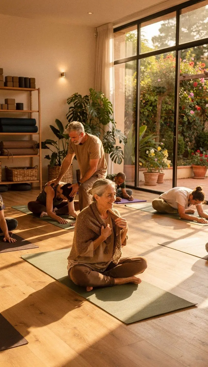 Grupo diverso de personas de diferentes edades participando en una clase de yoga.