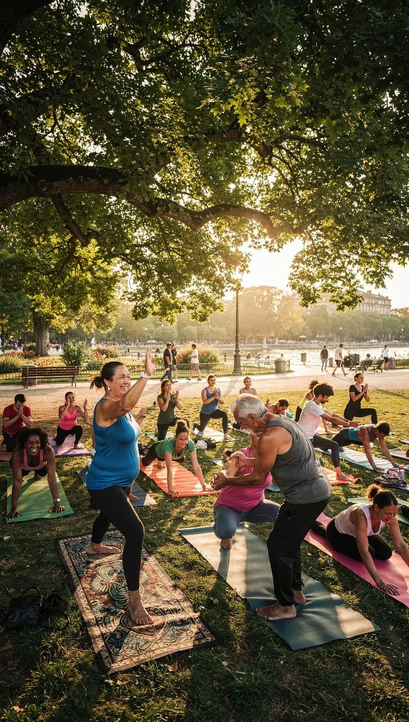 Hombre realizando una postura de yoga en una playa al atardecer, con el mar de fondo.