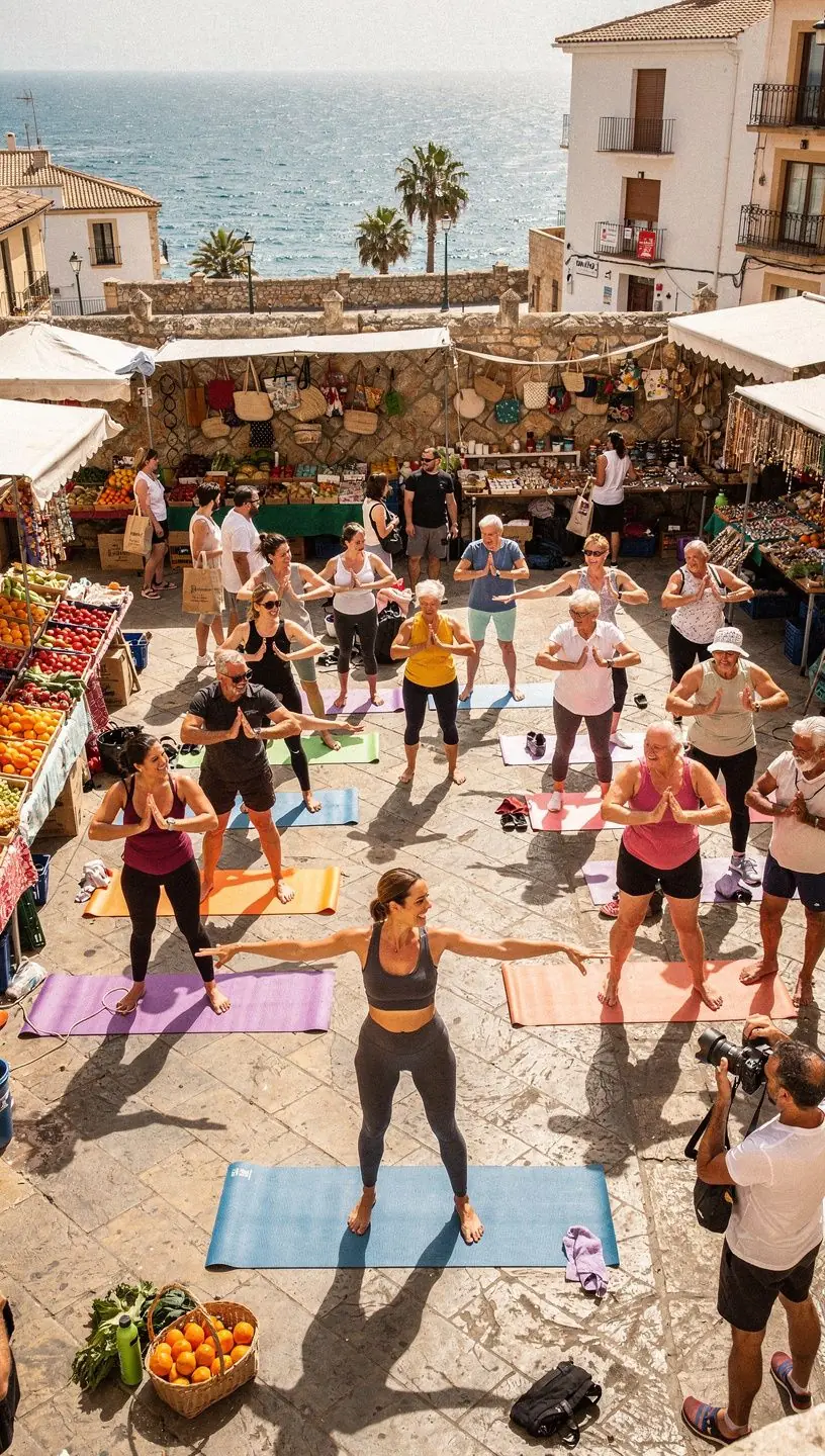 Grupo de adultos mayores realizando ejercicios de estiramiento en una clase de yoga, con un instructor guiando.