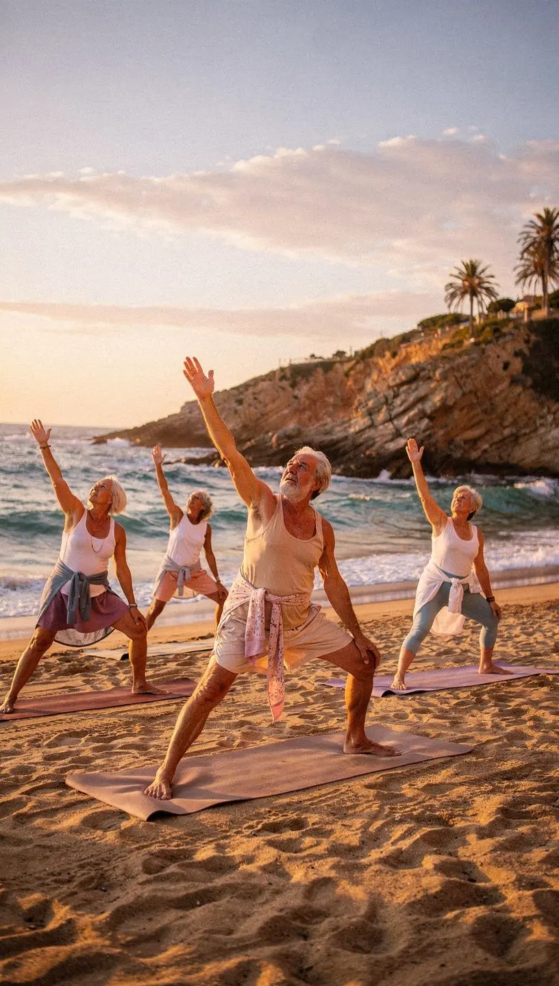 Una mujer de mediana edad meditando en una colchoneta, con luz natural entrando por una ventana.