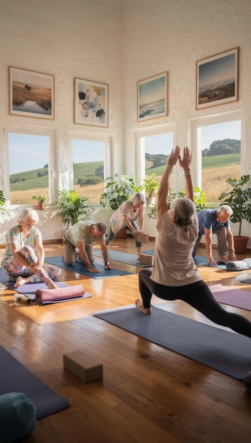 Hombres y mujeres de diferentes edades realizando posturas de yoga en la playa al atardecer, con el mar de fondo.