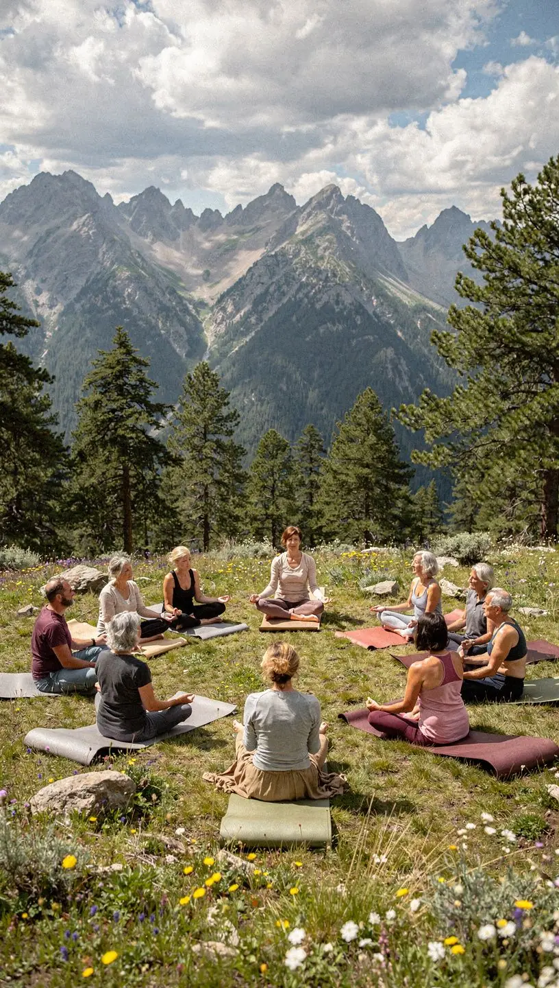 Grupo de adultos mayores realizando ejercicios de estiramiento en una clase de yoga, con un instructor guiando.
