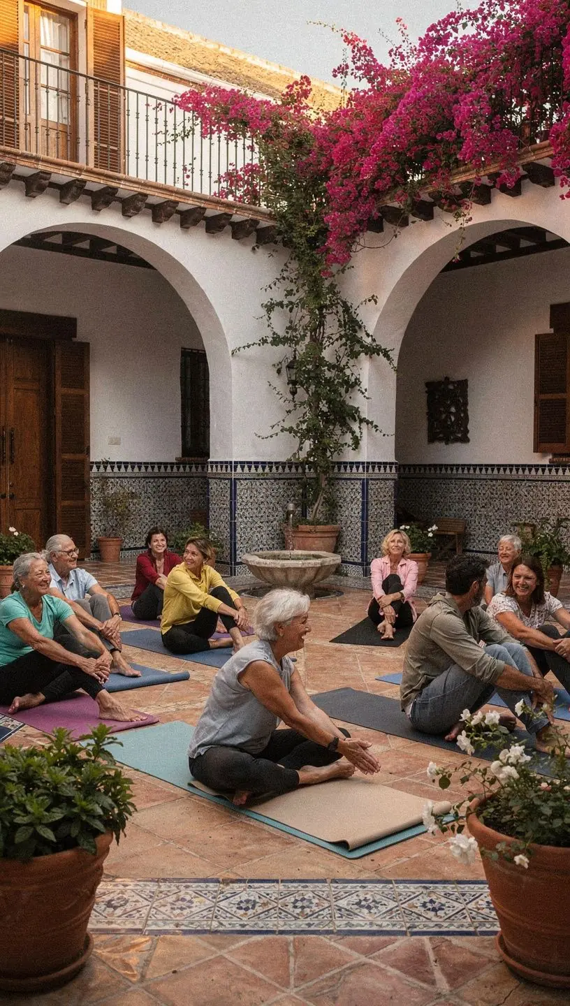Grupo de adultos mayores realizando ejercicios de estiramiento en una clase de yoga, con un instructor guiando.
