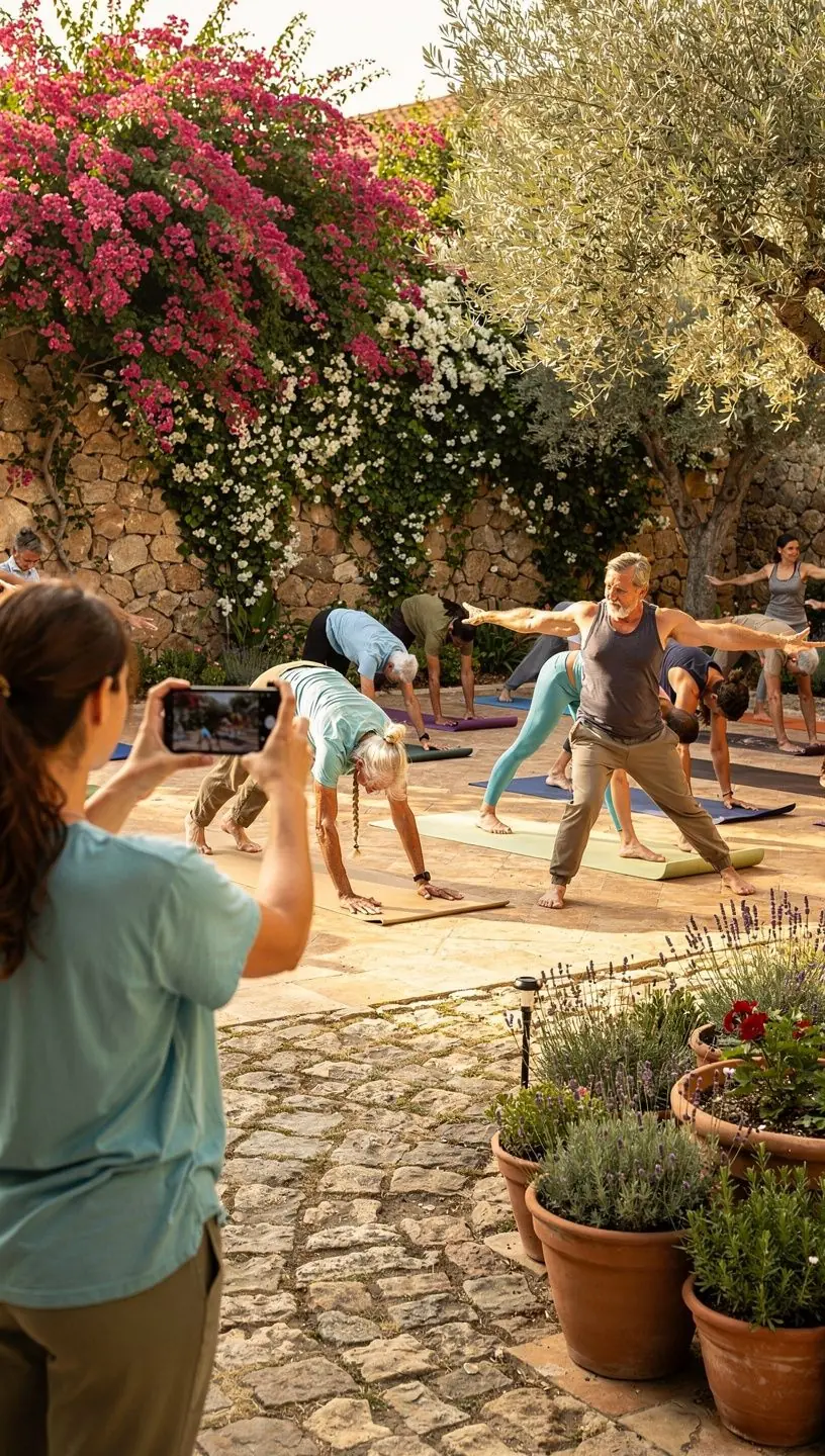 Grupo de adultos mayores realizando ejercicios de estiramiento en una clase de yoga, con un instructor guiando.