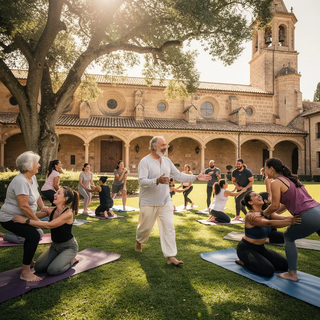 Grupo de adultos mayores realizando ejercicios de estiramiento en una clase de yoga, con un instructor guiando.