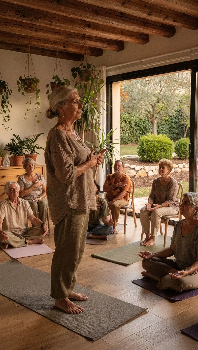 Grupo de adultos mayores realizando ejercicios de estiramiento en una clase de yoga, con un instructor guiando.