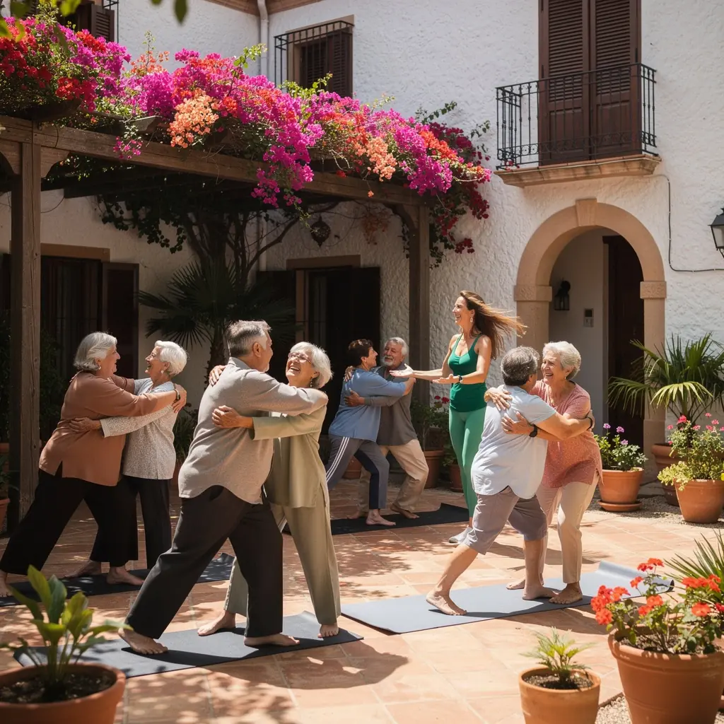 Una persona mayor practicando yoga en un parque, rodeada de naturaleza y con una sonrisa en el rostro.