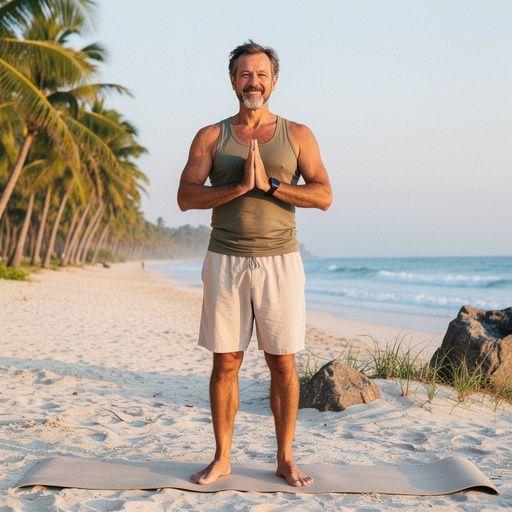 Mujer sonriente meditando en un ambiente tranquilo, con velas y plantas.